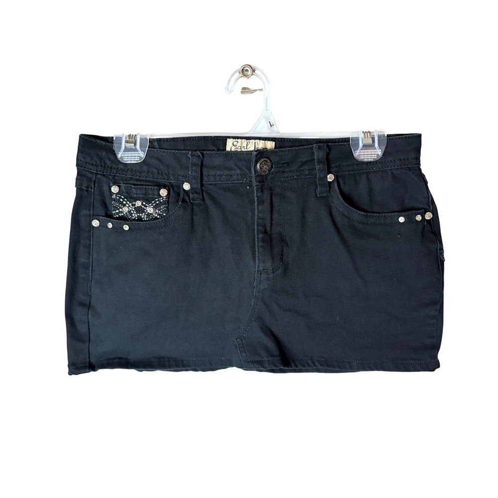 Y2K Low Rise Rhinestone Embellished Grunge Earl Jean Denim Mini Skirt 8 Black